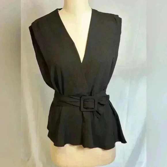 NWT! Zara Black V Neck Blouse with Belt (Size XS) - Picture 1 of 9